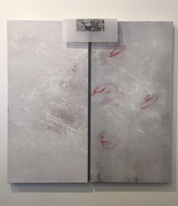 Memorial for Twin Sisters, diptych Acrylic and oil paint, marble dust, studio detritus, digital print on tracing paper 90 x 45cm – 90 x 45cm x 5 cm