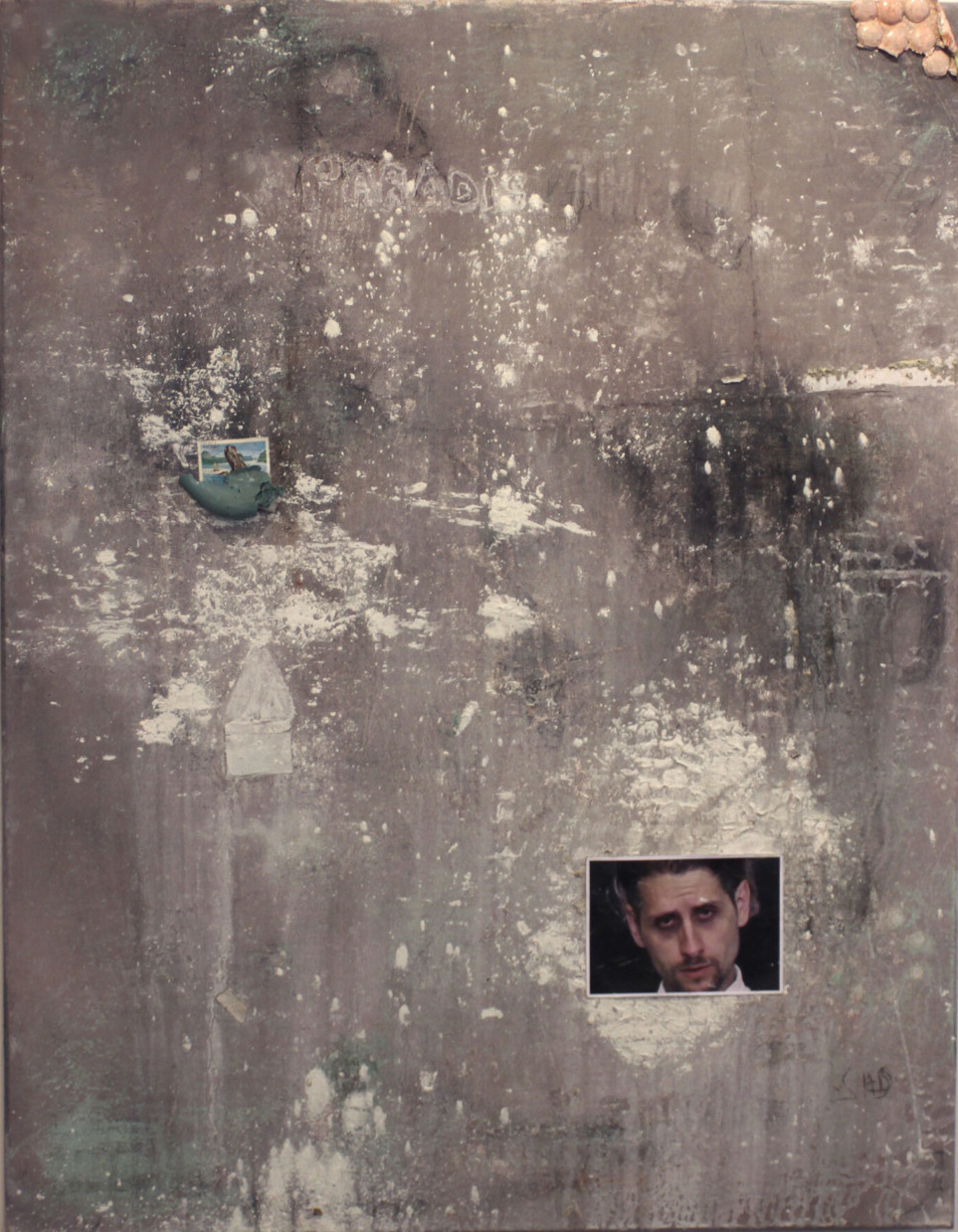 Acrylic, marble dust, pastel, stamp and postcard of ‘the soldier’ 94 x 72cm